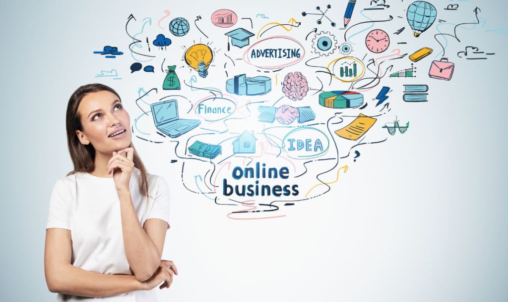 A thoughtful young woman gazes upwards while illustrations related to online business, such as finance, advertising, and ideas, are drawn above her in colorful graphics. The central text reads "online business."