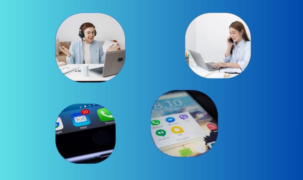 A graphic showing four images: 1) A man with headphones happily engaged in a video call, 2) A woman on the phone while typing on her laptop, 3) A close-up of a smartphone screen displaying app notifications, and 4) Another close-up featuring messaging app icons. The background is a gradient of blue, highlighting a theme of communication and technology in a business context.