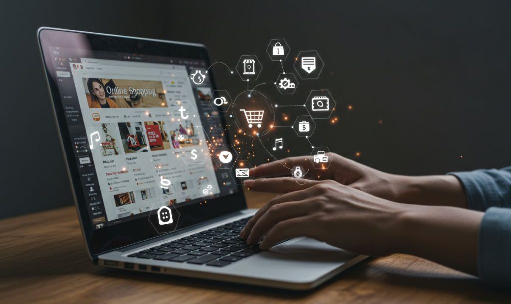 A close-up of hands typing on a laptop displaying an online shopping platform. Surrounding the screen are various digital icons representing shopping, communication, and multimedia, indicating a vibrant and interactive online shopping experience.