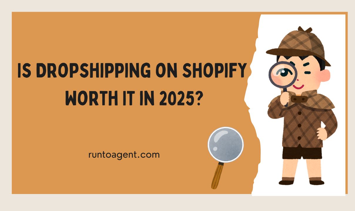 A colorful image for the article "Is Dropshipping on Shopify Worth It in 2025?" featuring cartoon-style graphics of a young detective character holding a magnifying glass, set against a bright background. The bold text poses the question about the viability of dropshipping in the coming year, inviting readers to explore the topic.
