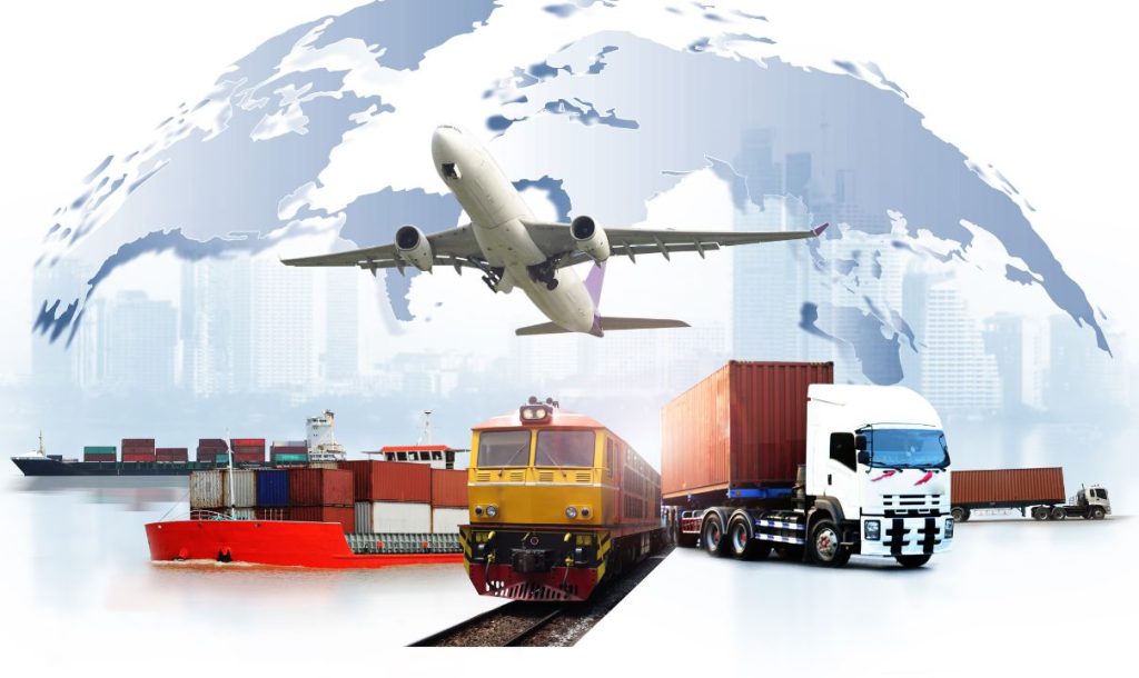 An illustration of global transportation featuring an airplane flying overhead, a cargo ship in the water, a freight train on tracks, and a truck carrying containers, symbolizing international logistics and trade.