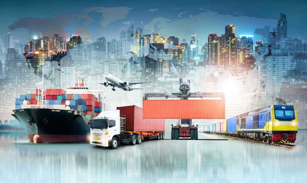 A composite image illustrating various modes of transportation, including a cargo ship, truck, aircraft, and train, set against a backdrop of a cityscape and a world map. The image represents the interconnectedness of global logistics and supply chain management.