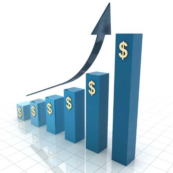 A 3D bar graph depicting increasing financial growth, with ascending blue bars marked with dollar signs and an upward arrow indicating a positive trend. The graphic represents concepts of profit, revenue growth, and economic success in a clean and modern design.