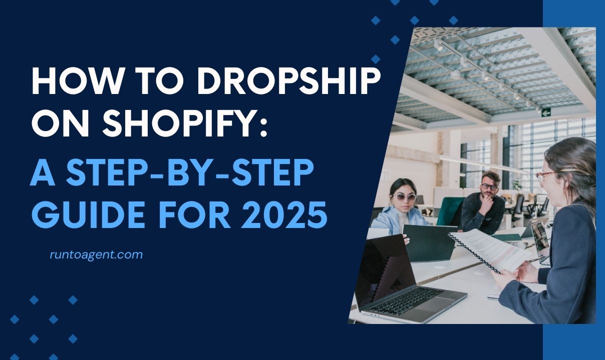 A promotional image for "How to Dropship on Shopify: A Step-by-Step Guide for 2025," featuring bold text on a dark blue background. It includes visuals of people in a modern office setting engaged in discussion, with laptops and documents visible on the table, emphasizing collaboration and business strategy.
