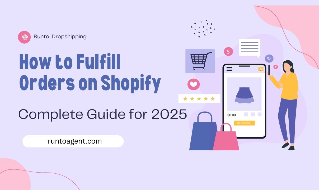 A colorful graphic featuring a woman interacting with a smartphone displaying a shopping interface, surrounded by shopping icons, bags, and promotional elements. The design highlights the theme of e-commerce order fulfillment for the year 2025.