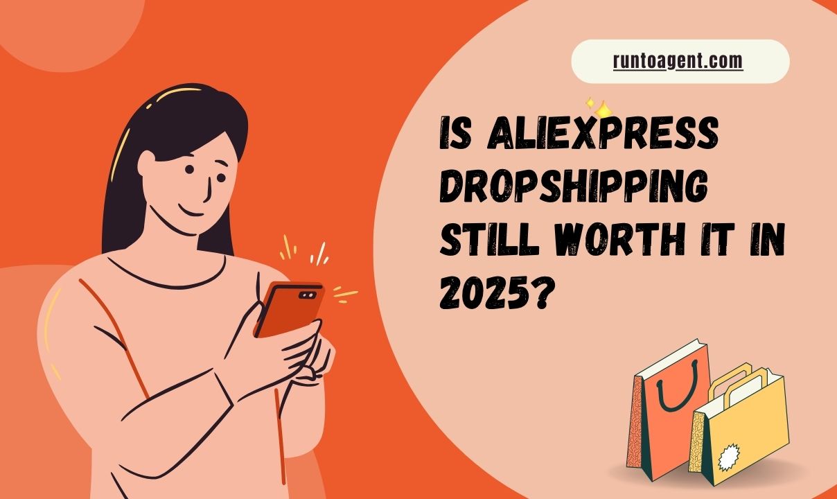 A woman smiling while looking at her smartphone, with an orange background and merchandising bags illustrated beside the text discussing dropshipping on AliExpress.