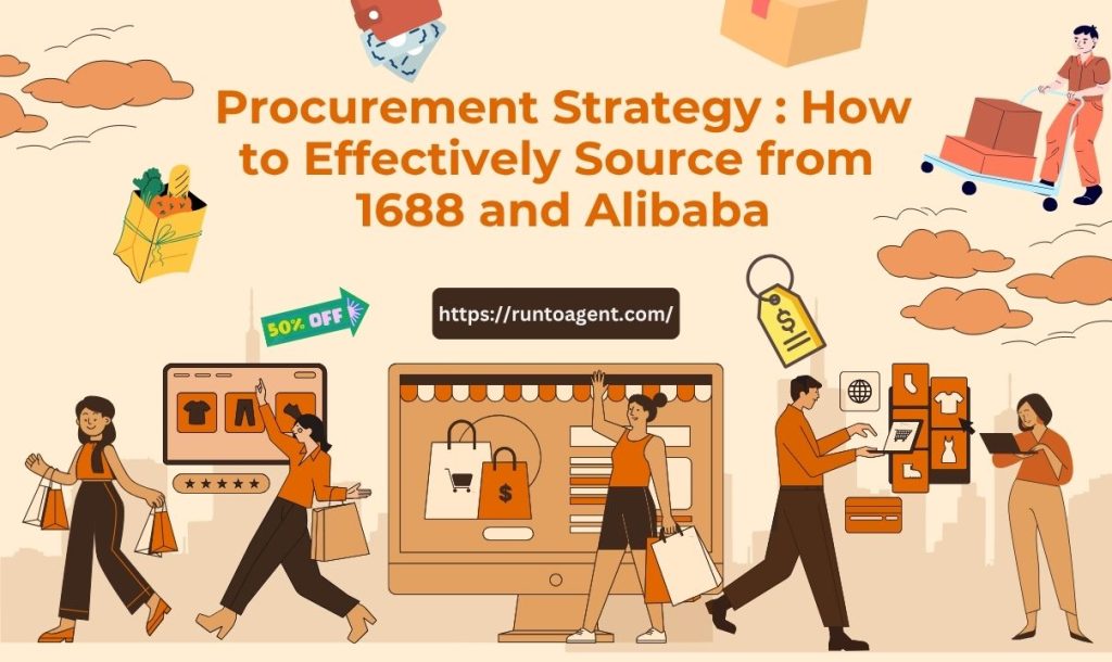 Presented the theme of procurement strategy, including graphic elements such as shopping bags, discount labels, and online shoppers, with a focus on effective methods of sourcing from 1688 and Alibaba.