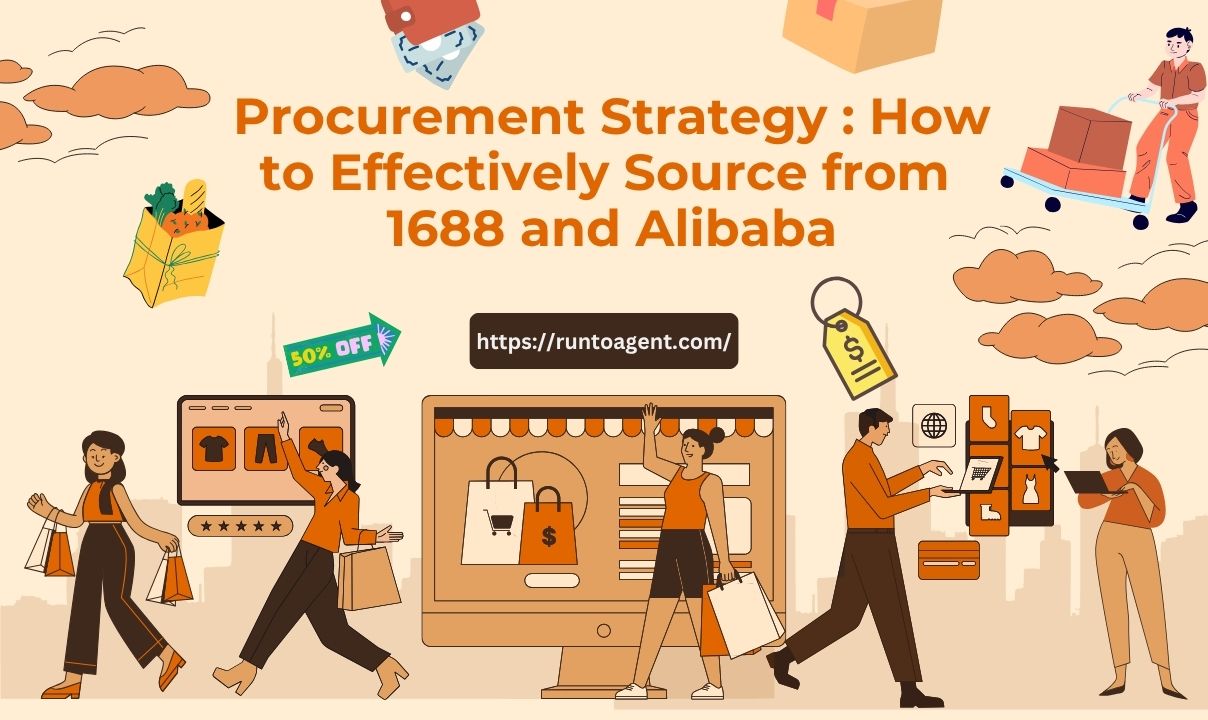 Presented the theme of procurement strategy, including graphic elements such as shopping bags, discount labels, and online shoppers, with a focus on effective methods of sourcing from 1688 and Alibaba.