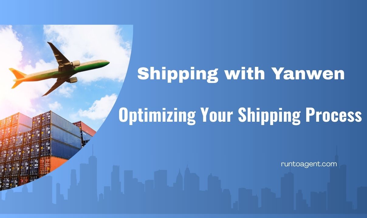 A graphic featuring an airplane flying over shipping containers, with the title "Shipping with Yanwen" and the subtitle "Optimizing Your Shipping Process" displayed prominently against a blue background. The design conveys themes of logistics and transportation.