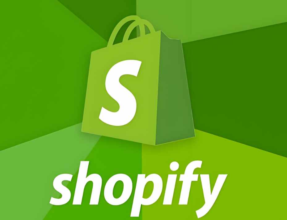 The Shopify logo featuring a green shopping bag with the letter "S" prominently displayed above the word "shopify." The background is composed of various shades of green, creating a vibrant and dynamic look that represents the e-commerce platform.