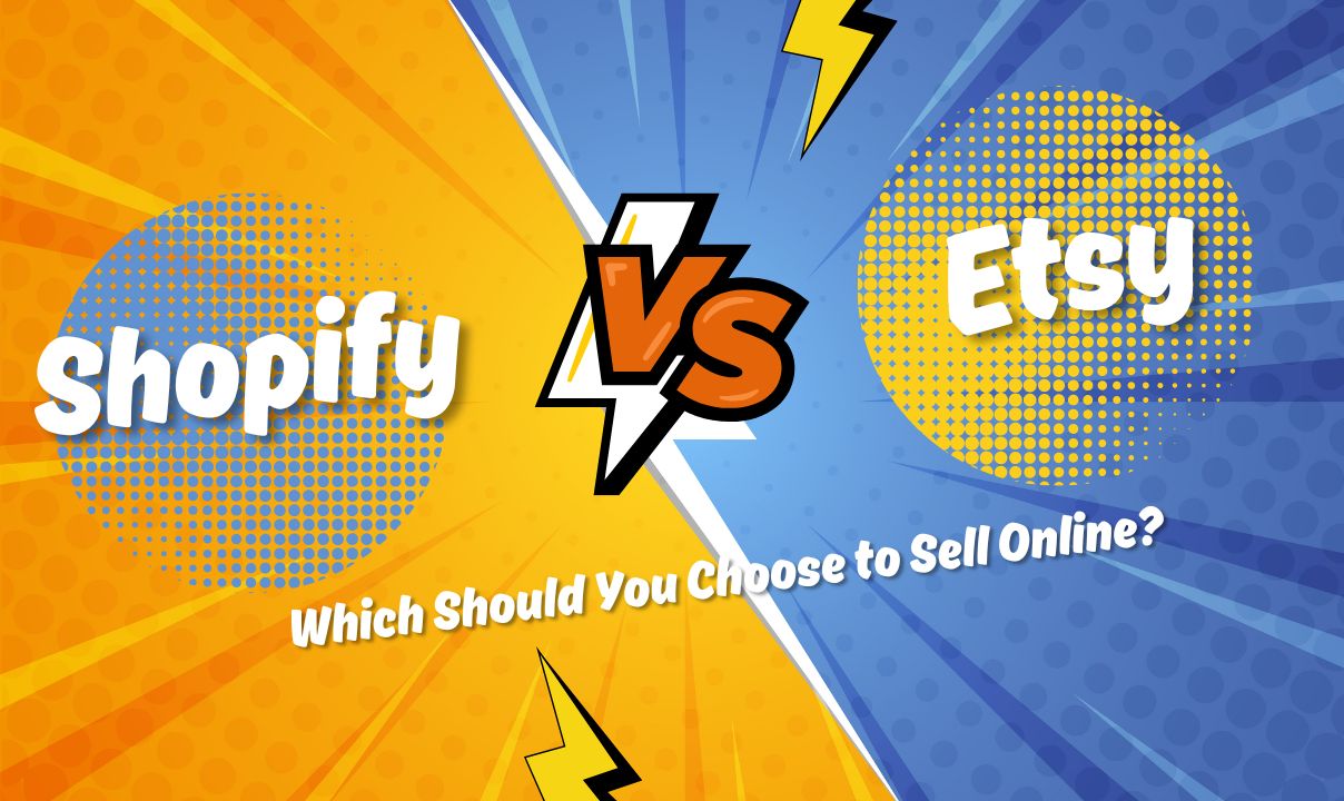An illustrative comparison between Shopify and Etsy, featuring icons and elements representing e-commerce features. The image depicts attributes of both platforms, helping potential sellers decide which is best for their online business.