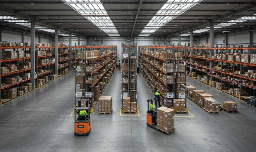 A wide-angle view of a large warehouse filled with tall shelves stacked with boxes. Two workers are seen operating forklifts, navigating through the aisles. The space is well-lit with natural light coming from skylights above, emphasizing an organized storage environment.