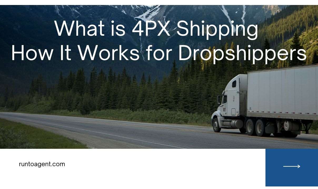 A scenic highway with a truck driving alongside lush green trees and mountains in the background. The text overlay reads "What is 4PX Shipping" and "How It Works for Dropshippers," indicating a focus on logistics and shipping solutions for ecommerce.