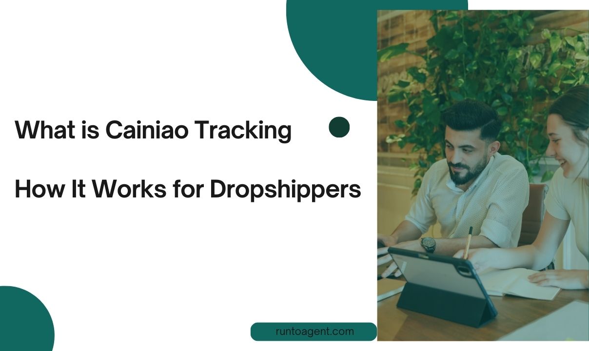 A collaborative workspace where two individuals, a man and a woman, are reviewing information on a tablet. The background is designed with greenery, and the text overlay discusses Cainiao Tracking and its relevance for dropshippers.