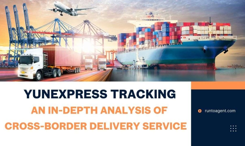 A visually striking graphic showcasing various modes of transport including a cargo ship, trucks, and an airplane, with the title "YunExpress Tracking" and the subtitle "An In-Depth Analysis of Cross-Border Delivery Service" prominently displayed. The image specializes in themes of logistics and international shipping.
