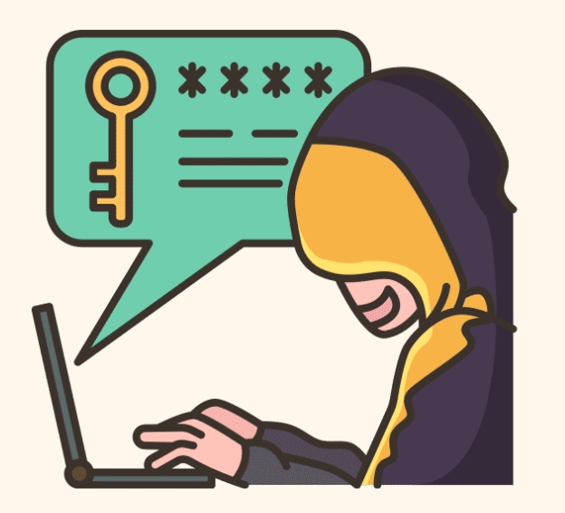 Illustration of a person in a hoodie using a laptop with a speech bubble showing a key and hidden password symbols, representing online hacking or password theft.