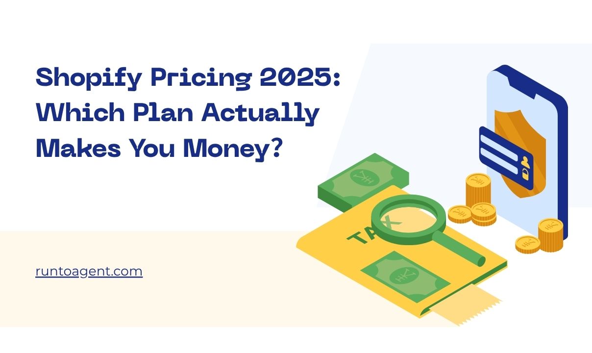 Illustration showing a smartphone with a credit card, money, coins, and a document labeled “TAX,” representing Shopify pricing plans and profitability analysis for 2025.