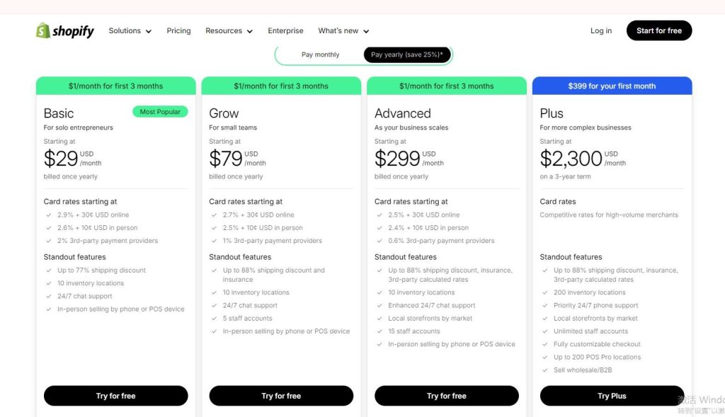 Screenshot of Shopify’s 2025 pricing plans comparing Basic, Grow, Advanced, and Plus tiers, showing monthly costs, card rates, and standout features for different business needs.