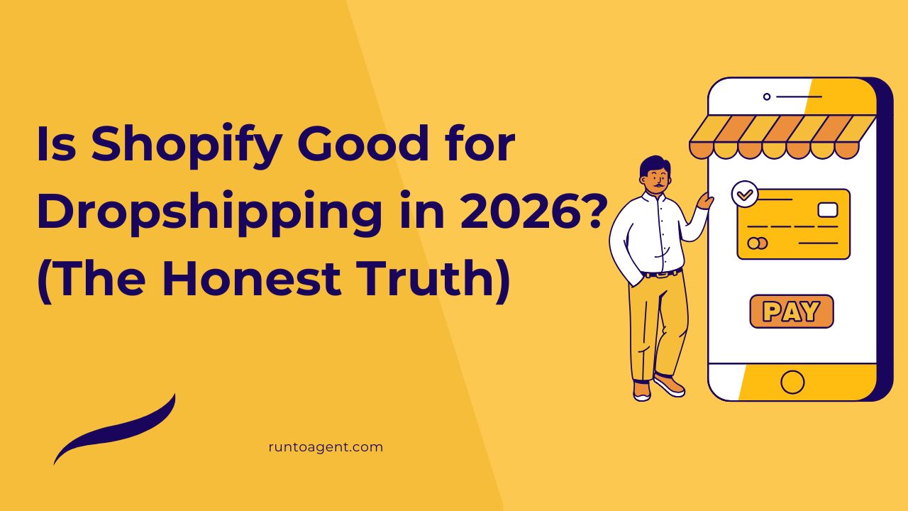 A vibrant feature image posing the question of Shopify's effectiveness for dropshipping in 2026. It features a character standing next to a smartphone displaying a payment interface, set against a bright yellow background. The graphic aims to engage readers interested in learning more about dropshipping insights and Shopify’s role in the process.