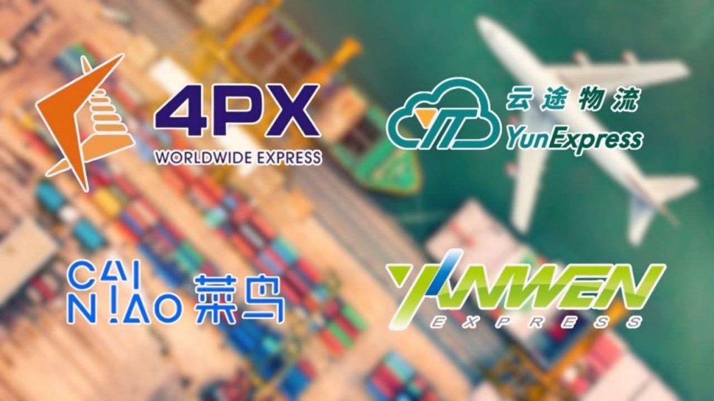 An image showcasing the logos of various international shipping companies, including 4PX Worldwide Express, YunExpress, Cainiao, and YNWEN Express. The background features a blurred aerial view of shipping containers and an airplane, symbolizing global logistics and transportation.