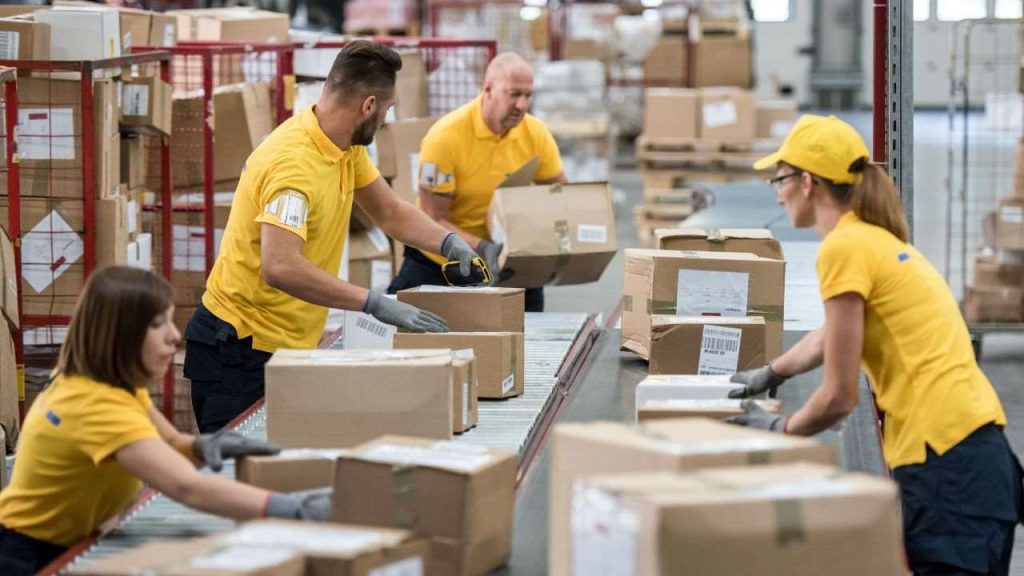 An image showing workers in yellow uniforms efficiently handling packages on a conveyor belt in a warehouse. Three employees are focused on sorting and preparing parcels, with stacked boxes visible in the background, highlighting the organized process of preparing packages for the local postal system.