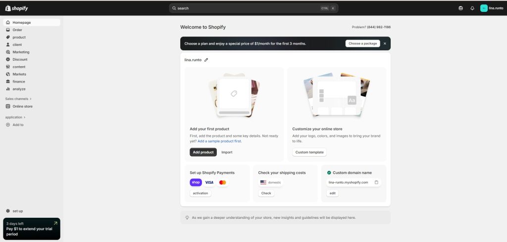 A screenshot of the Shopify dashboard welcoming users, featuring options to add products, customize online stores, and set up payments. The sidebar shows navigation links like "Homepage," "Order," "Product," and more. A reminder highlights a trial period, while the main area guides users to start their e-commerce journey, emphasizing user-friendly features for managing an online store.