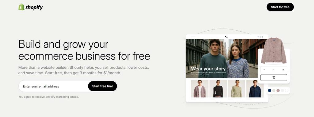 Screenshot of Shopify’s homepage promoting its free trial, showing the message “Build and grow your ecommerce business for free,” with an email signup box and product showcase preview.