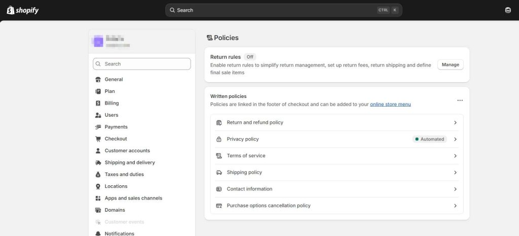 A screenshot of the Shopify admin interface showcasing the "Policies" section. The sidebar displays various settings like "General," "Plan," "Billing," and more, while the main section focuses on written policies, including options for return and refund policies, a privacy policy, and shipping policy management.